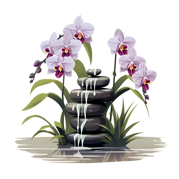 Purple Orchids and Fountain in Zen Arrangement