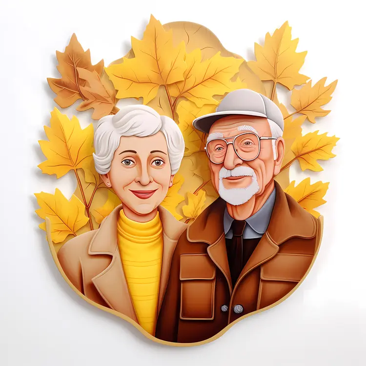 Elderly Couple with Autumn Leaves for Grandparents Day