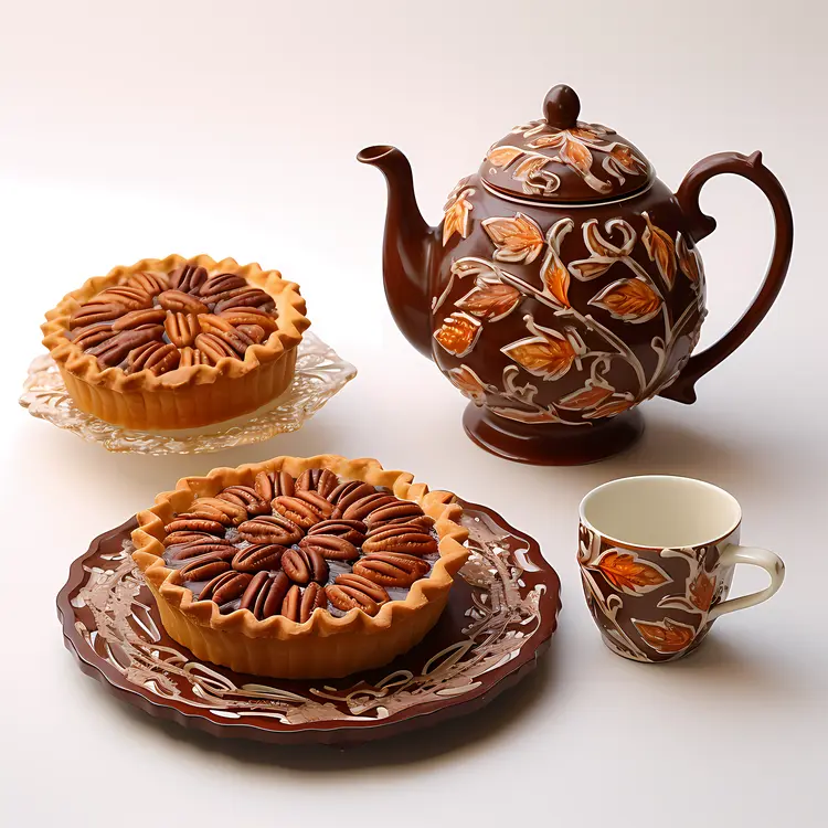 Beautiful Pecan Pie with Decorative Teapot and Cup