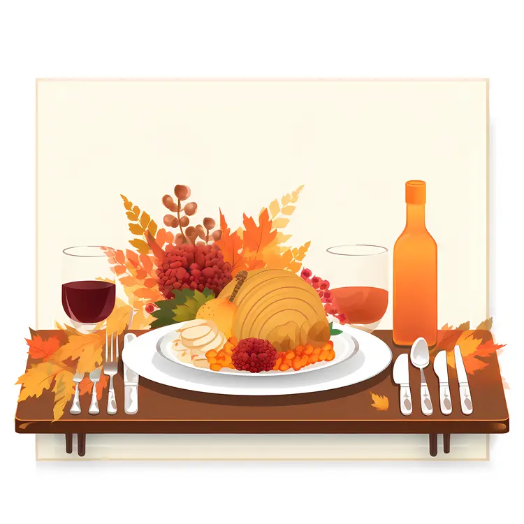 Roasted Turkey with Wine Bottle and Table Setting for Thanksgiving