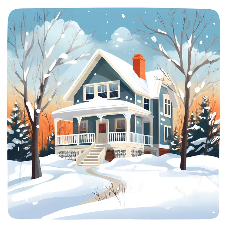 Blue House in Winter Wonderland