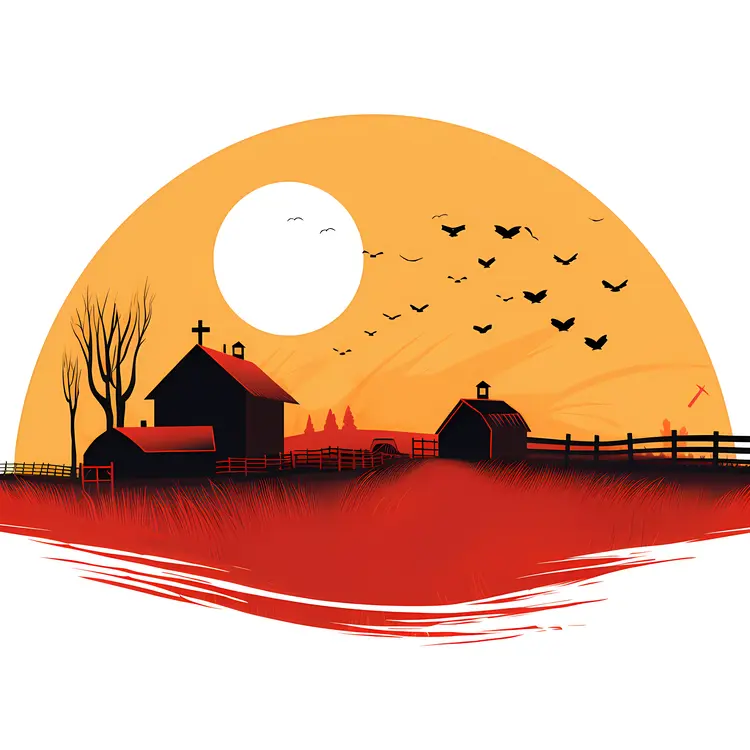 Farm at Sunset with Birds