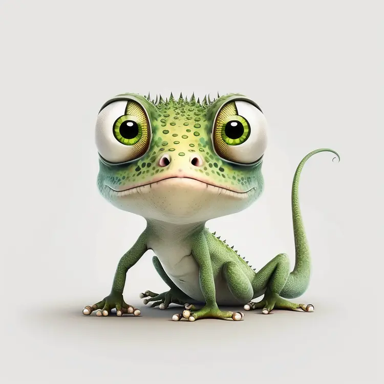 Cute Green Chameleon with Big Eyes in Cartoon Style