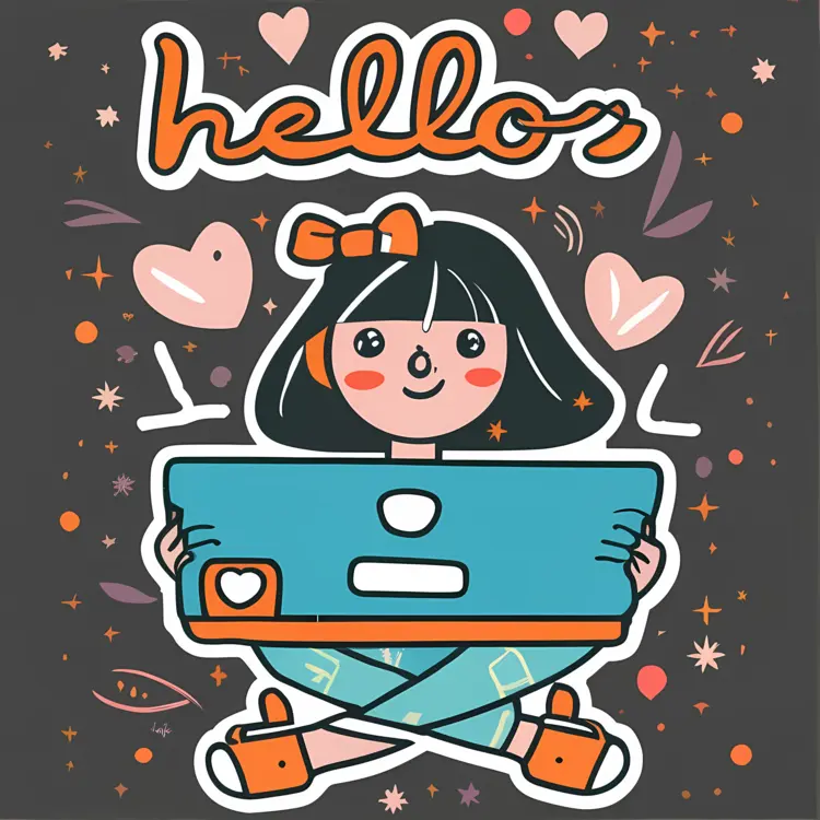 Cute Girl with Laptop and Hearts Saying Hello