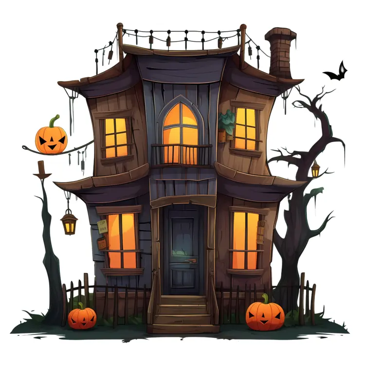 Spooky Haunted House with Pumpkins and Bats