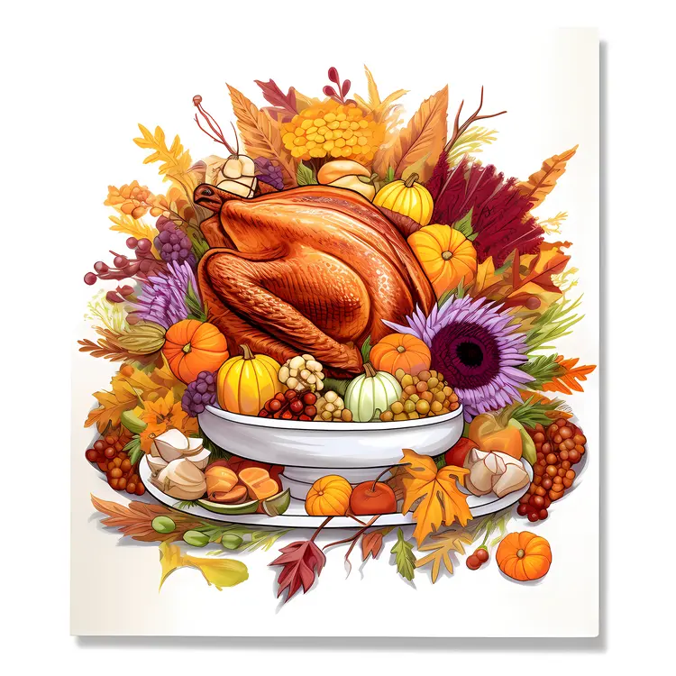 Roast Turkey with Pumpkins and Autumn Leaves