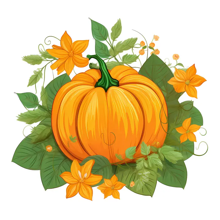 Orange Pumpkin with Leaves and Flowers