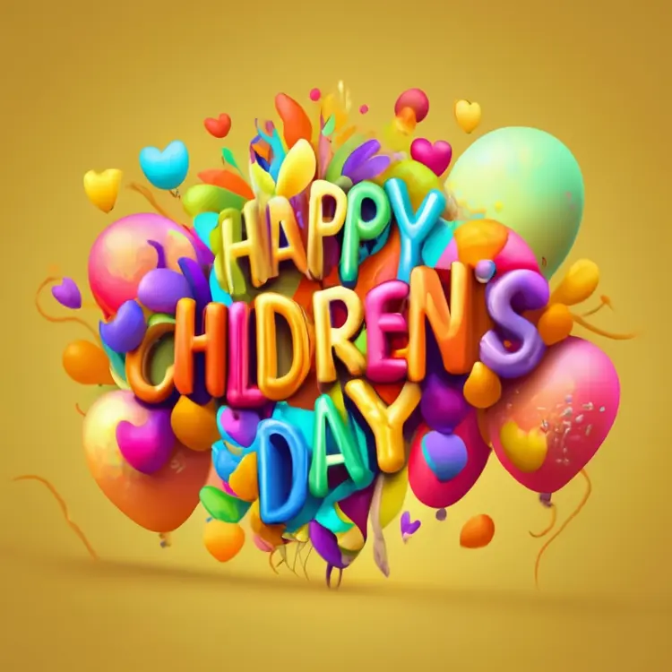 Colorful Happy Children's Day with Balloons and Hearts