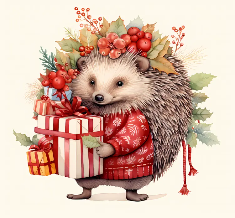 Hedgehog with Gifts in a Festive Sweater