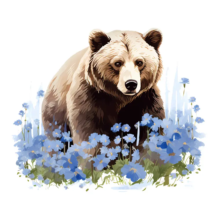 Brown Bear in a Field of Blue Flowers