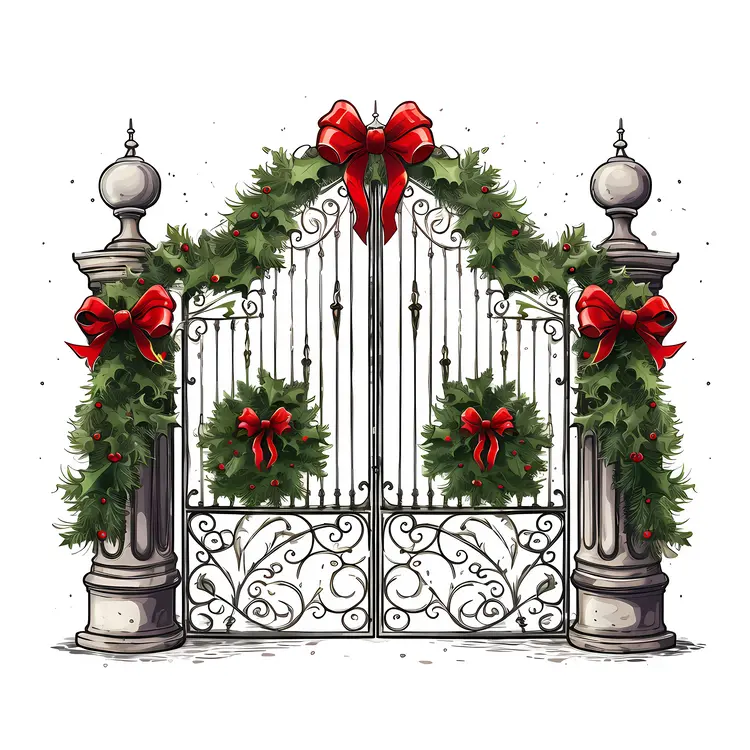 Festive Christmas Gate with Wreaths and Garland