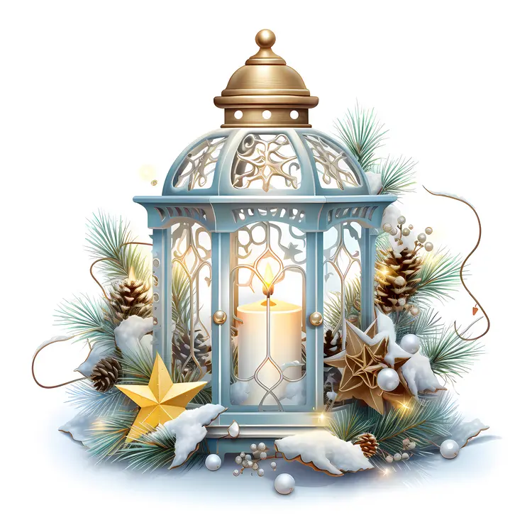 Blue Lantern with Candle and Pinecones for Christmas
