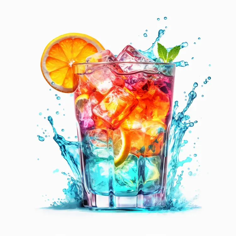 Refreshing Colorful Drink with Ice Cubes and Orange Slice