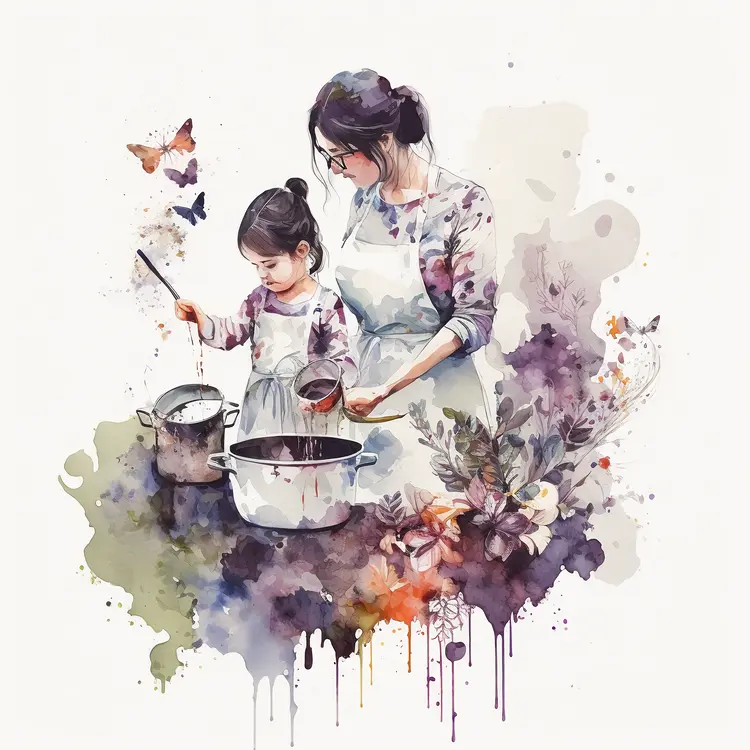 Mother and Daughter Cooking Together in Watercolor Style