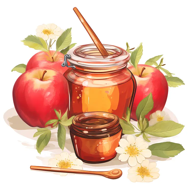 Honey Jar with Apples and Flowers Illustration