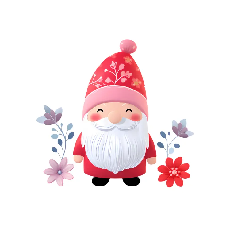 Cute Red Hat Gnome with Flowers