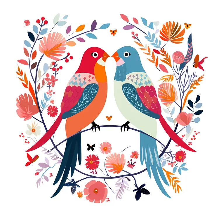 Colorful Parrots in Floral Design for Valentine's Day
