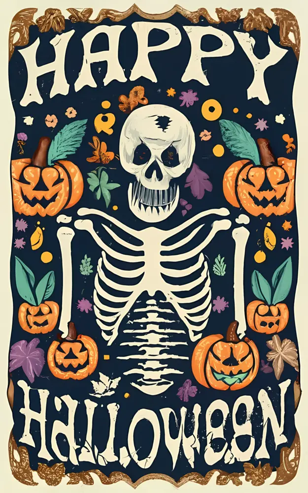 Happy Halloween Skeleton with Pumpkins