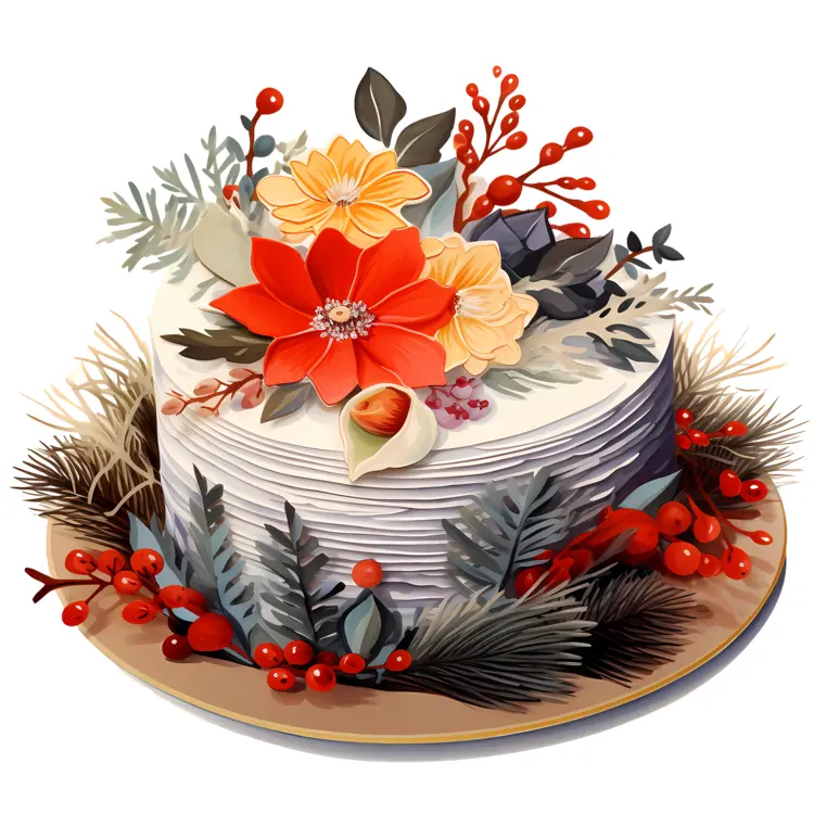 White Cake with Red and Yellow Flowers