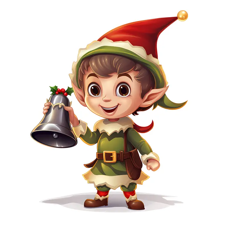 Happy Elf with Bell in Green and Red Outfit