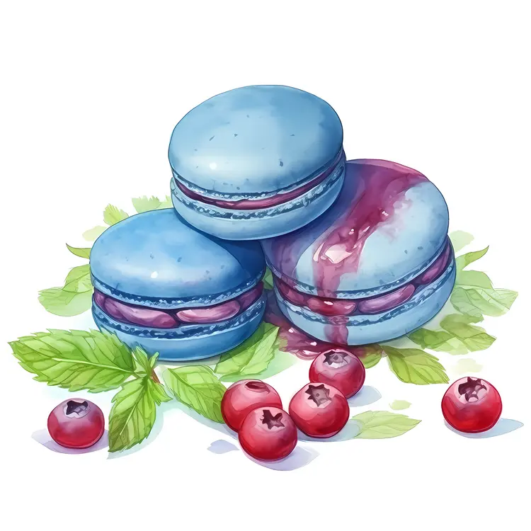 Blue macarons with berries and mint
