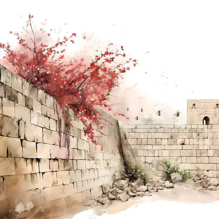 Stone Wall with Red Flowers