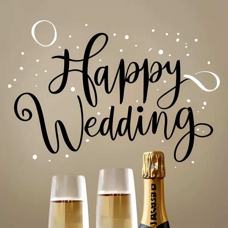 Happy Wedding Text with Champagne Bottles