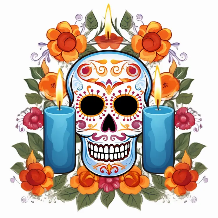 Colorful Sugar Skull with Candles and Flowers for Day of the Dead