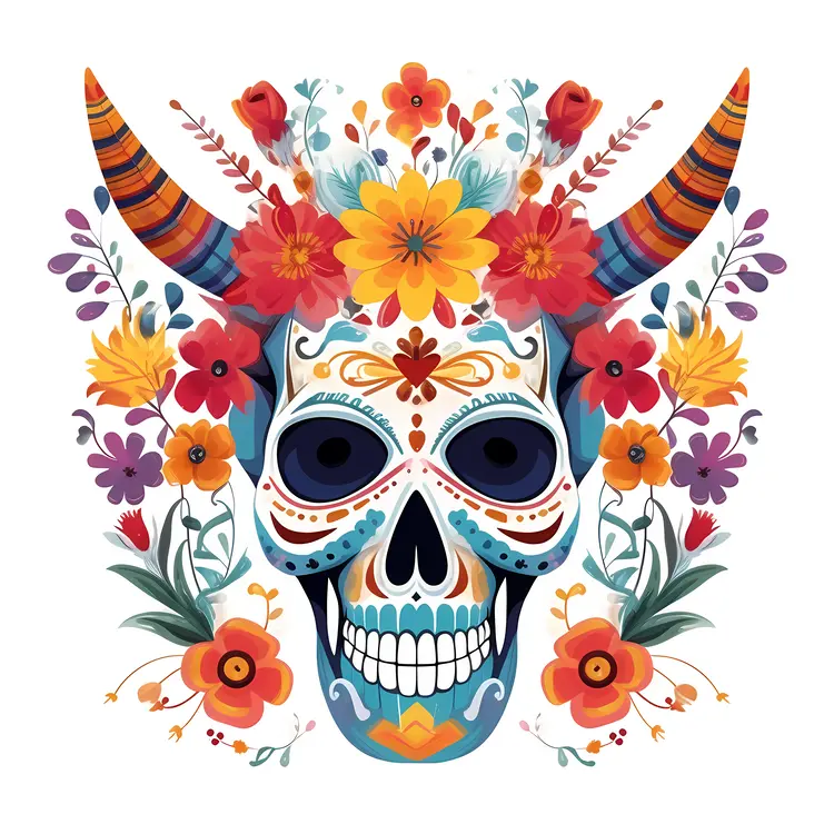 Colorful Sugar Skull with Flowers for Day of the Dead Celebration
