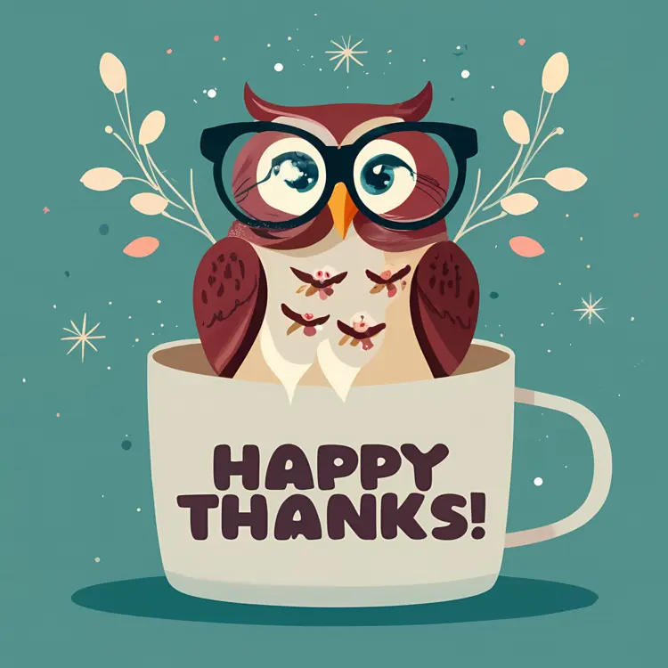 Cute Owl with Glasses and Coffee Cup Saying Happy Thanks