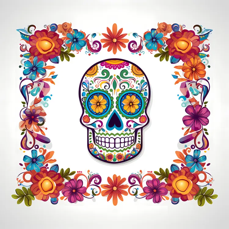 Colorful Skull and Flowers for Day of the Dead