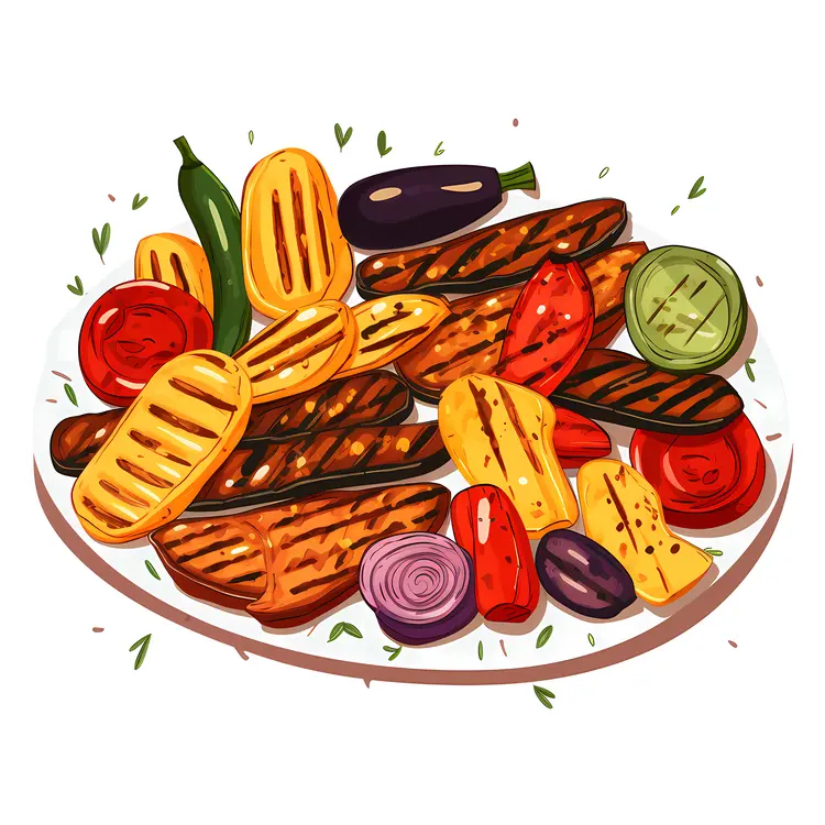 Illustrated Grilled Vegetables on a White Plate