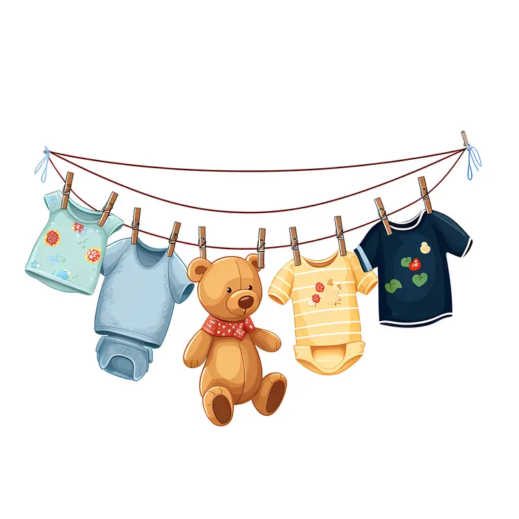 Cute Teddy Bear Hanging on Clothesline with Baby Clothes