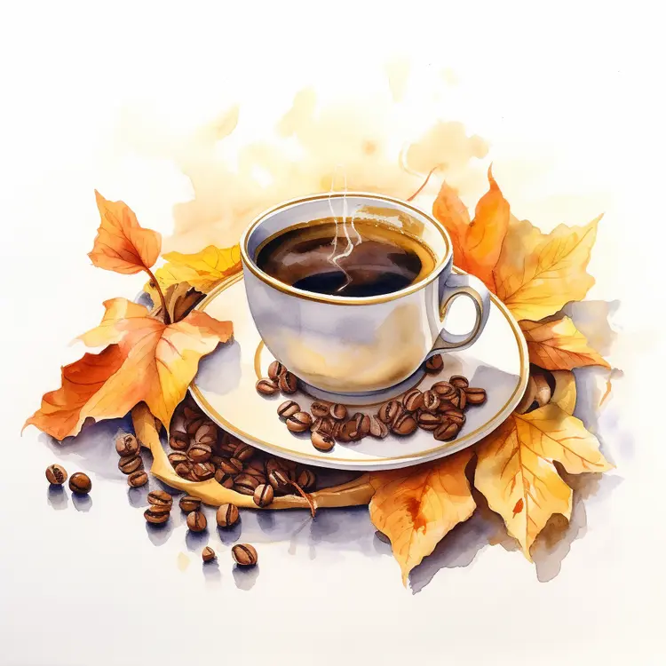 Cup with Coffee Beans and Autumn Leaves