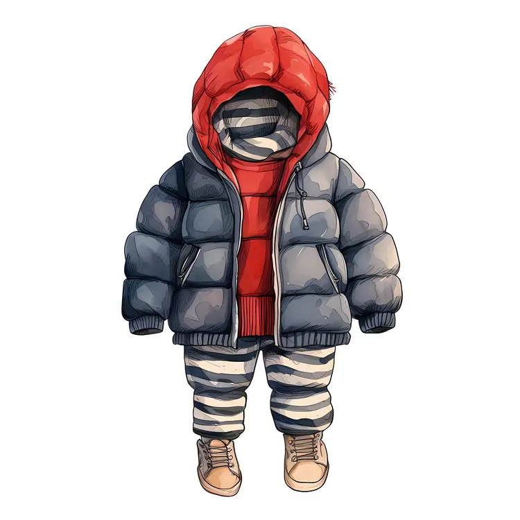 Gray and Red Puffer Jacket with Hood
