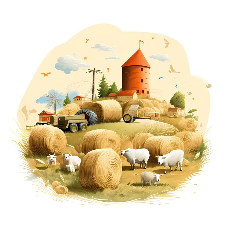 Hay Bales and Sheep on Farm