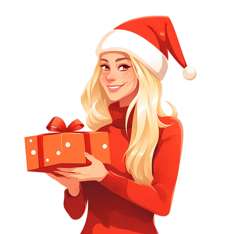 Girl Holding Gift Box with Santa Hat