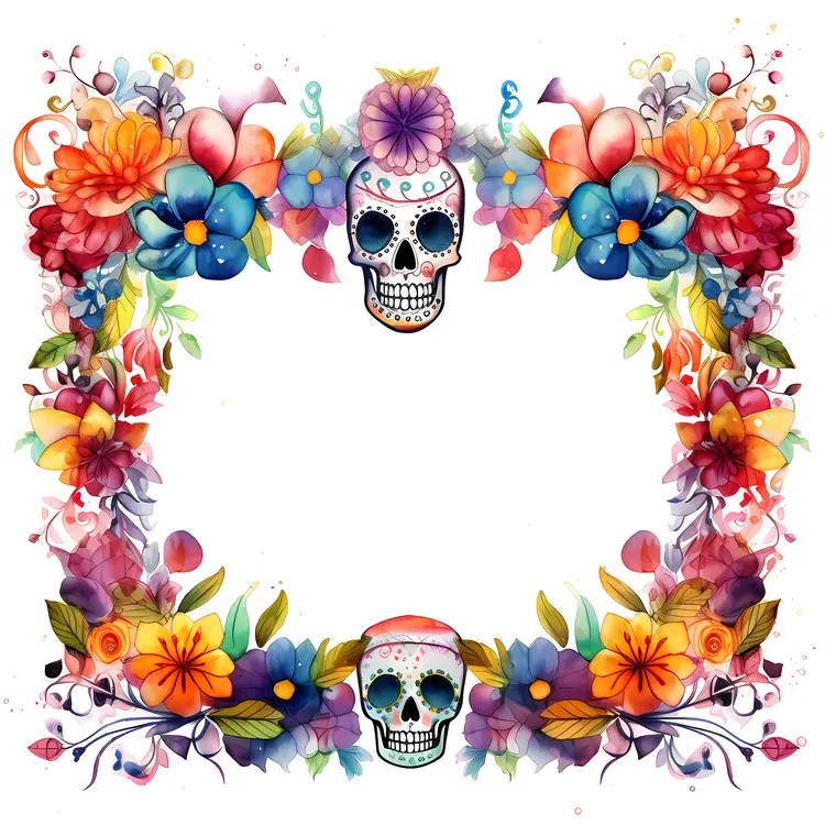 Watercolor Floral Frame with Skulls for Day of the Dead