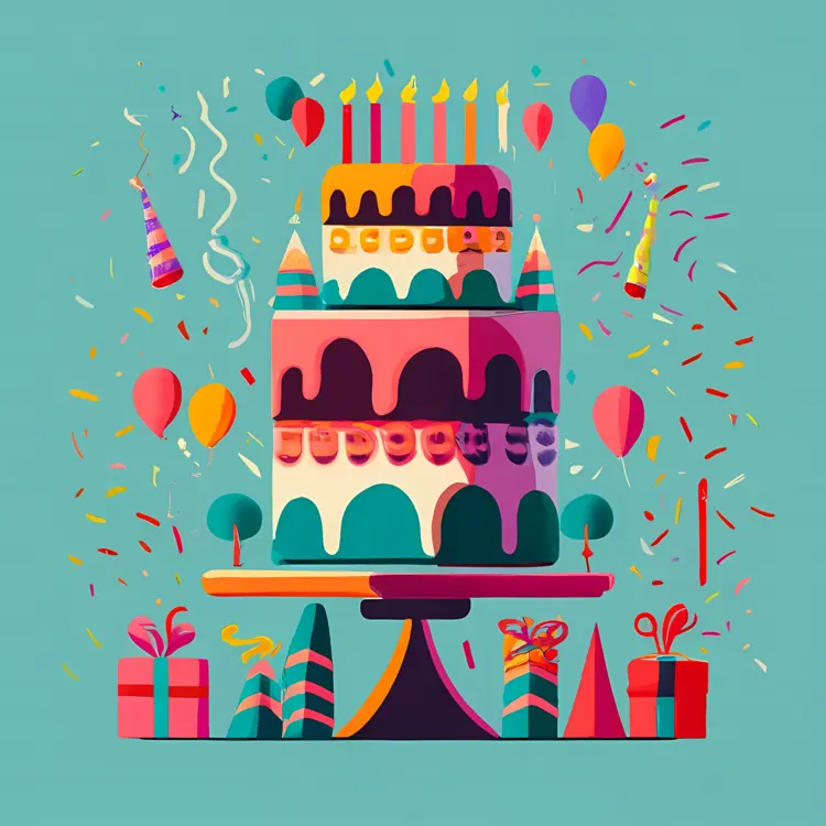 Birthday Cake with Balloons and Gifts