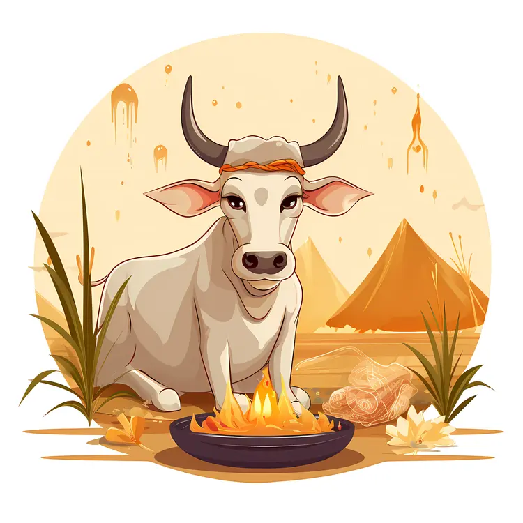 White Cow with Fire and Pyramids