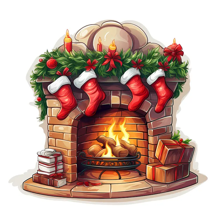 Cozy Christmas Fireplace with Stockings and Gifts