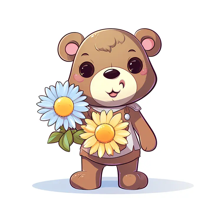 Cute Teddy Bear Holding Flowers