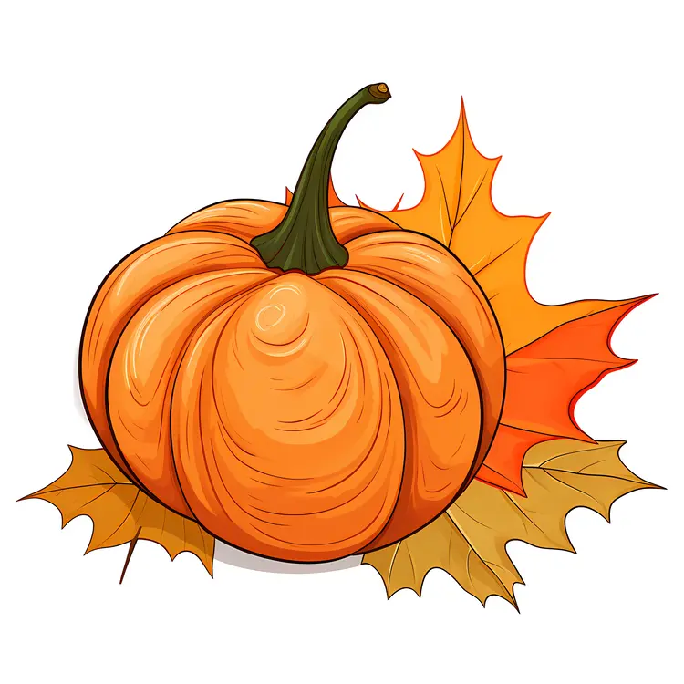 Orange Pumpkin with Autumn Leaves