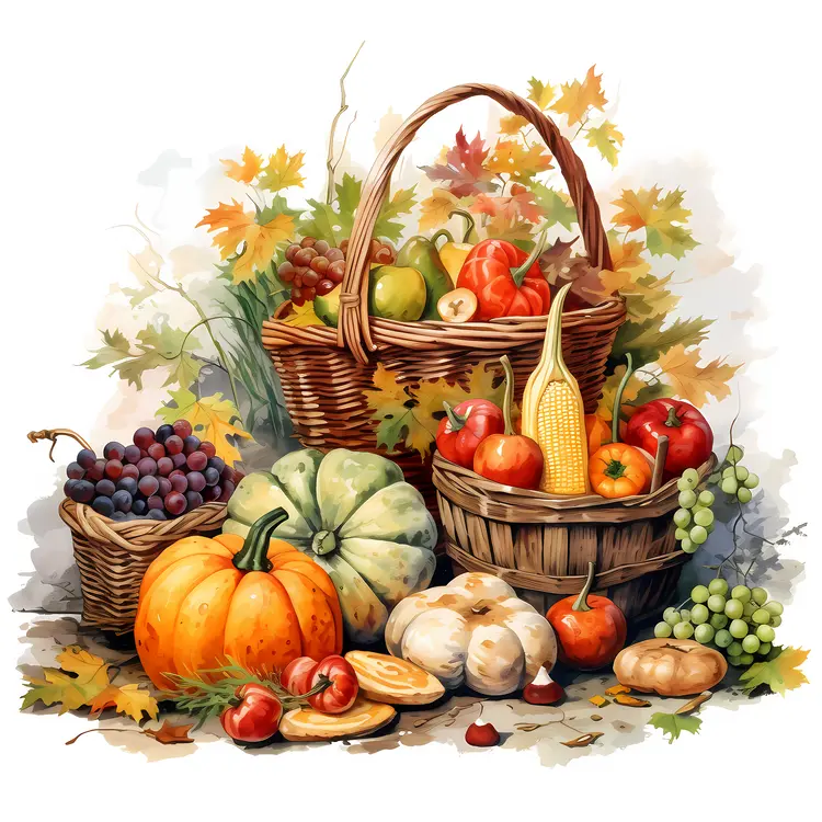 Pumpkins and Fruits in Baskets for Thanksgiving