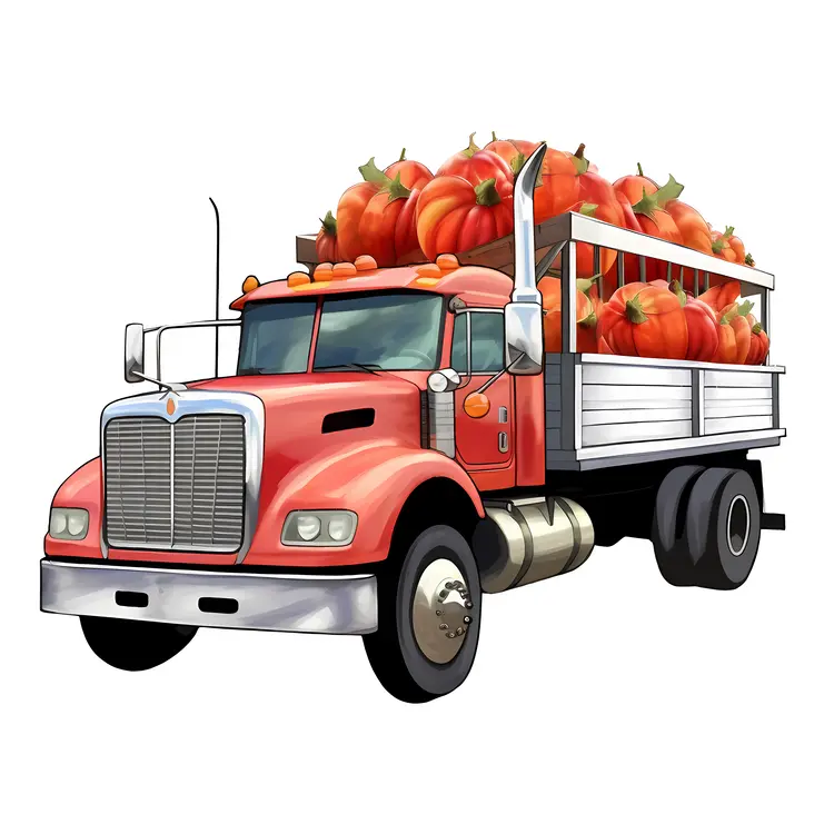 Cartoon Red Truck Carrying Pumpkins
