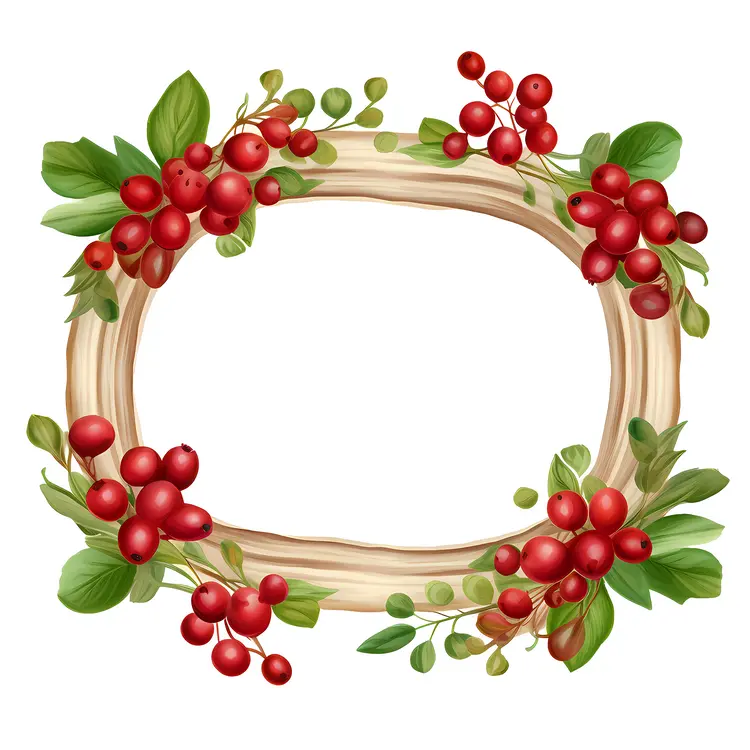 Wooden Frame with Red Berries and Leaves