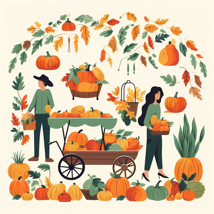Autumn Market Scene with Pumpkins and People
