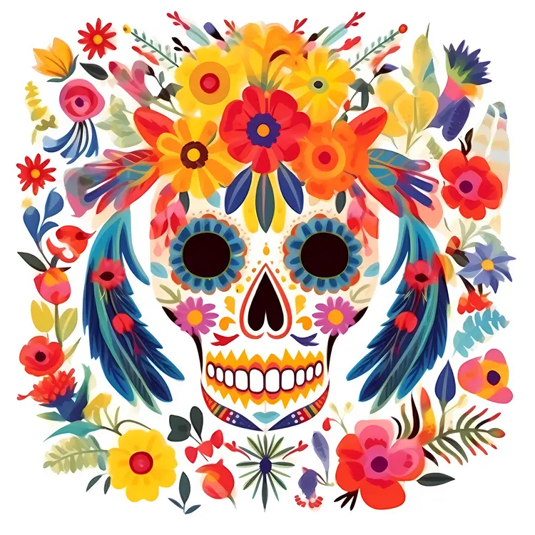 Colorful Skull with Floral Decorations for Day of the Dead Celebration