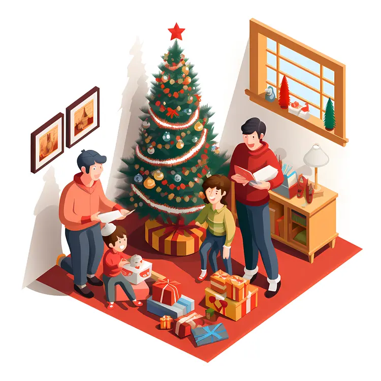 Family Opening Presents by the Christmas Tree