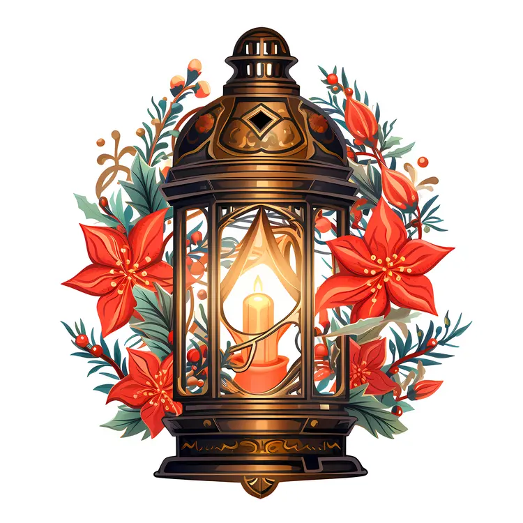 Bronze Lantern with Candle and Poinsettia